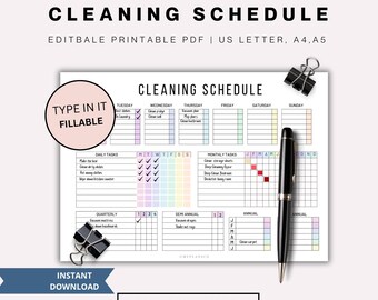 Cleaning Schedule Fillable Printable Cleaning Checklist | Weekly Monthly Household Chores Cleaning Tasks To Do Checklist | Cleaning Planner