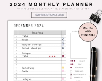 Monthly Planner | 2024 Planner | 2024 Calendar | Monthly Calendar | Monthly Tracker | Monthly Schedule Letter Half A4 A5 Classic HP Letter