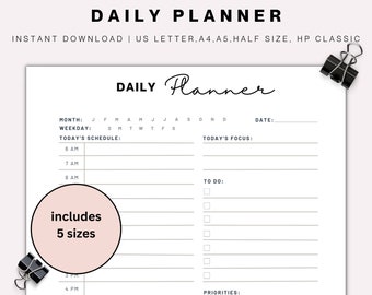 Daily Planner Printable Daily To do List, Minimalist Planner, Daily Checklist, Undated Planner Inserts  Letter A4/A5/Half Size/HP Classic