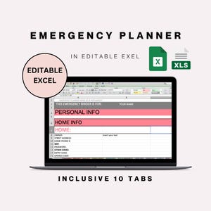 May include: A laptop screen displays an emergency planner template in Excel. The screen shows sections for personal and home information, with the text "EMERGENCY PLANNER" and "INCLUSIVE 10 TABS" at the top and bottom. A green Excel icon is visible.