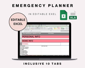 Emergency Planner -Editable Excel, In Case of Emergency, End of life Planner, Emergency Planning, Family Household House Estate Planning