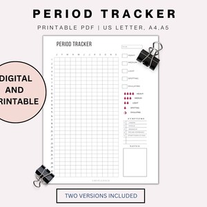 Op de afbeelding: Printbare menstruatietracker met een raster om je cyclus bij te houden, een sectie voor symptomen en een sectie voor notities. De tracker is beschikbaar in twee versies, US Letter en A4.
