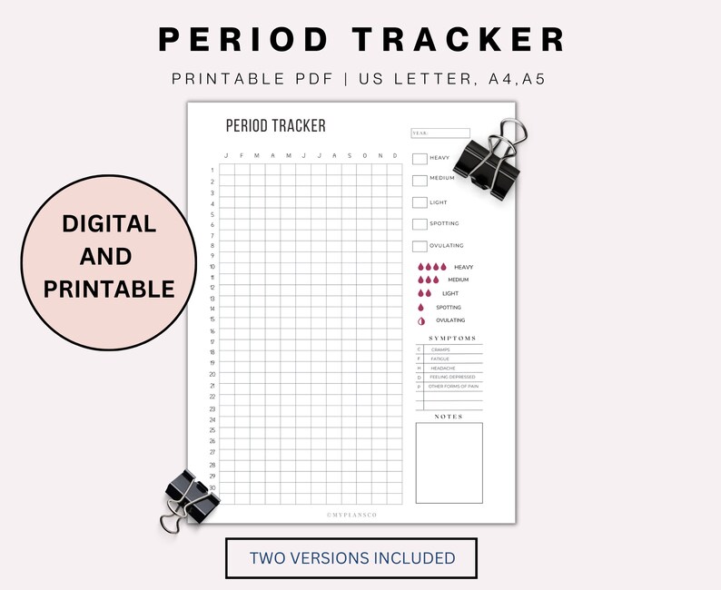 Op de afbeelding: Printbare menstruatietracker met een raster om je cyclus bij te houden, een sectie voor symptomen en een sectie voor notities. De tracker is beschikbaar in twee versies, US Letter en A4.