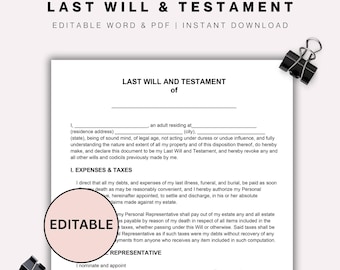 Last Will and Testament Template Editable Last Will and Testament Template Pages Printable Last and Testament, End of life Planner, Download