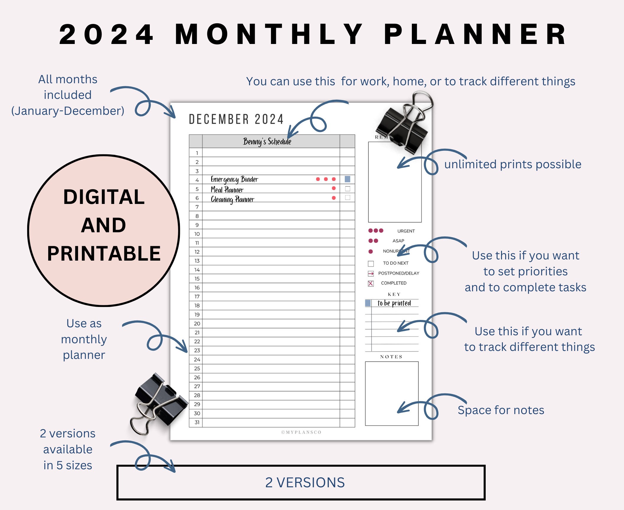Monthly Planner | 2024 Planner | 2024 Calendar | Monthly Calendar ...