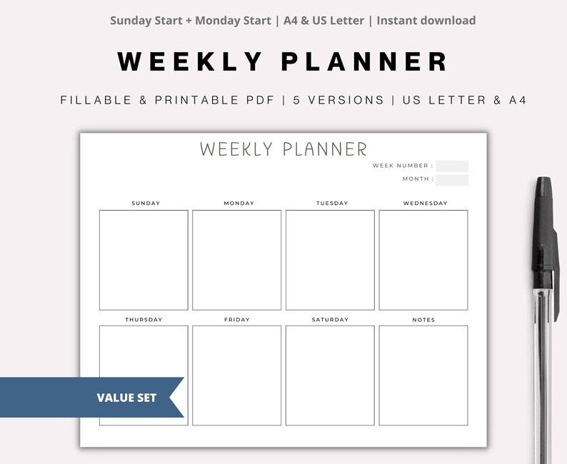 Weekly Planner Printable Fillable Editable Minimalist Weekly Schedule ...