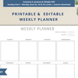 Weekly Planner Printable Fillable Editable Minimalist Weekly Schedule ...