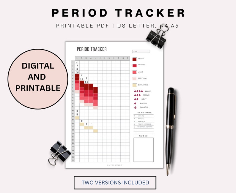 Op de afbeelding: Printbare menstruatietracker met een kalenderrooster, een grafiek voor de intensiteit van de menstruatie en een symptomenlogboek. De tracker is ontworpen voor de papierformaten US Letter, A4 en A5. De afbeelding toont twee versies van de tracker, een met een rood-wit kleurenschema en de andere met een beige-wit kleurenschema.