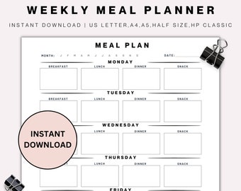 Weekly Meal Planner Printable Meal Tracker Food Planner, Meal Prep Planner, Food Diary, Nutrition Planner, Meal Planning, LETTER/A4/A5/HP