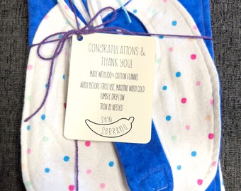 Blue Tye dye & dots! Handmade Burp Cloths, Bibs, and Pacifier Clips - Perfect Baby Shower Gift!