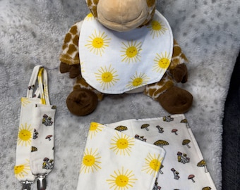 Sunny Mushrooms! Handmade Burp Cloths, Bibs, and Pacifier Clips - Perfect Baby Shower Gift!