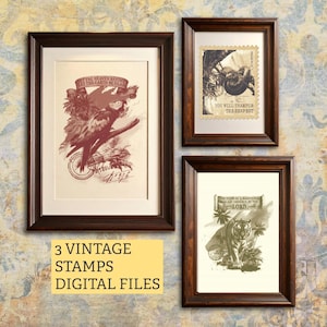 May include: Three framed vintage stamps with brown wooden frames. The stamps feature illustrations of a parrot, a snake, and a tiger. Text on the stamps includes phrases like "Let the Heaven Rejoice" and "You Will Trample the Serpent". The image also includes the text "3 Vintage Stamps Digital Files".