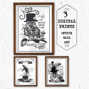 Puede incluir: Tres impresiones digitales enmarcadas con una estética vintage. Una impresión presenta un búho con sombrero de copa, otra una ballena y la tercera un tigre, todo en blanco y negro. Las impresiones incluyen texto de la Biblia.