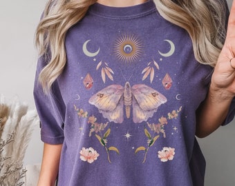 Whimsigoth Moth Shirt, Botanical Floral Moon Shirt, Pastel Goth Clothing Goblincore Cottage Core Shirt Witchy Shirt Fairycore Mystical Shirt