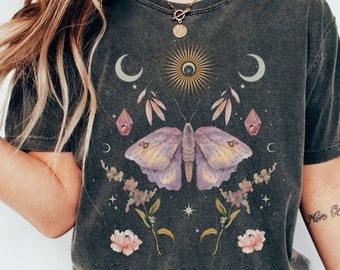 Mystical Moth Shirt, Botanical Floral Moon TShirt, Whimsigoth Goblincore Cottage Core Shirt Witchy Shirt Fairycore Shirt Whimsigoth Clothing