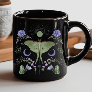 Floral Luna Moth Mug Moon Mug Witchy Green Witch Decor Fairycore Decor Light Academia Mug Whimsigoth Cottage Core Room Decor 11oz Black Mug