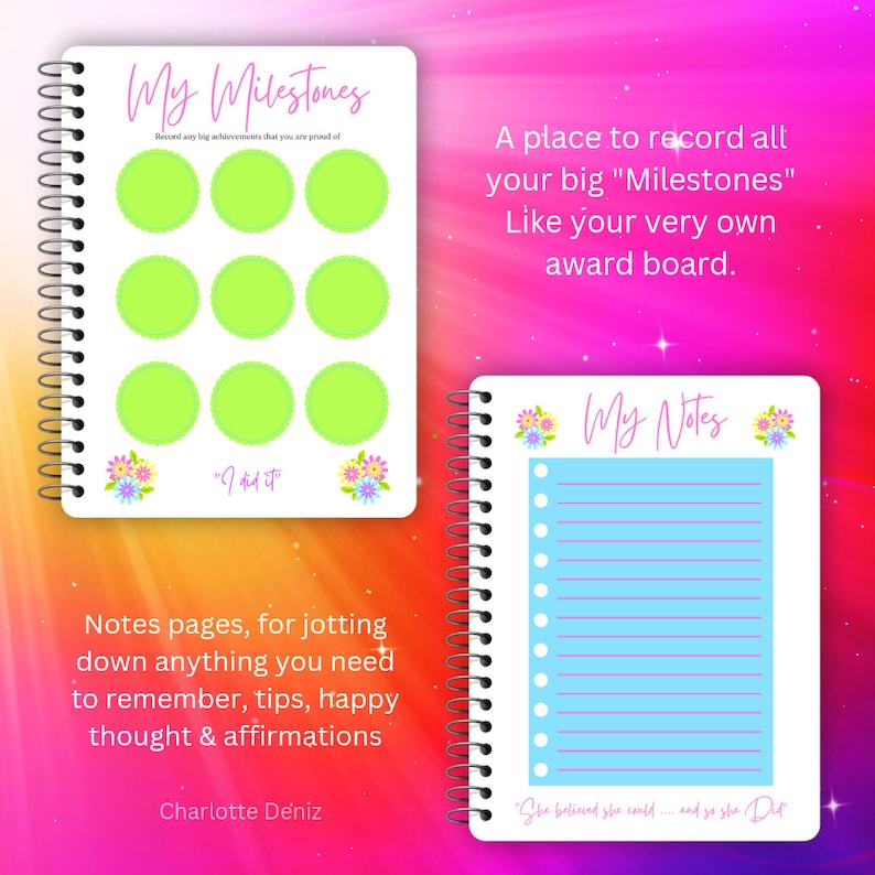 May include: Two spiral bound notebooks with colorful floral designs. The first notebook has a white cover with the text "My Milestones" and a grid of circles for recording achievements. The second notebook has a white cover with the text "My Notes" and a blue lined page for writing notes. The text "She believed she could... and so she did" is printed at the bottom of the second notebook.
