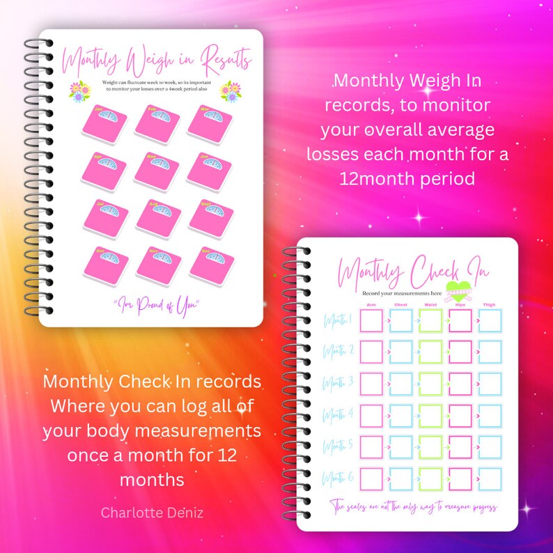 May include: Two printable pages for tracking weight and body measurements. The first page features a pink scale icon repeated 12 times with the text "Monthly Weigh in Results" and "You are Proud of You". The second page features a table with the text "Monthly Check In" and "Record your measurements here".