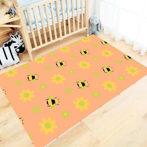 Cute Bee Pattern Baby Room Rug - Ultra Soft Kids Room Decor - Botanical Honeybee Floor Carpet - Cute Farmhouse Area Rug