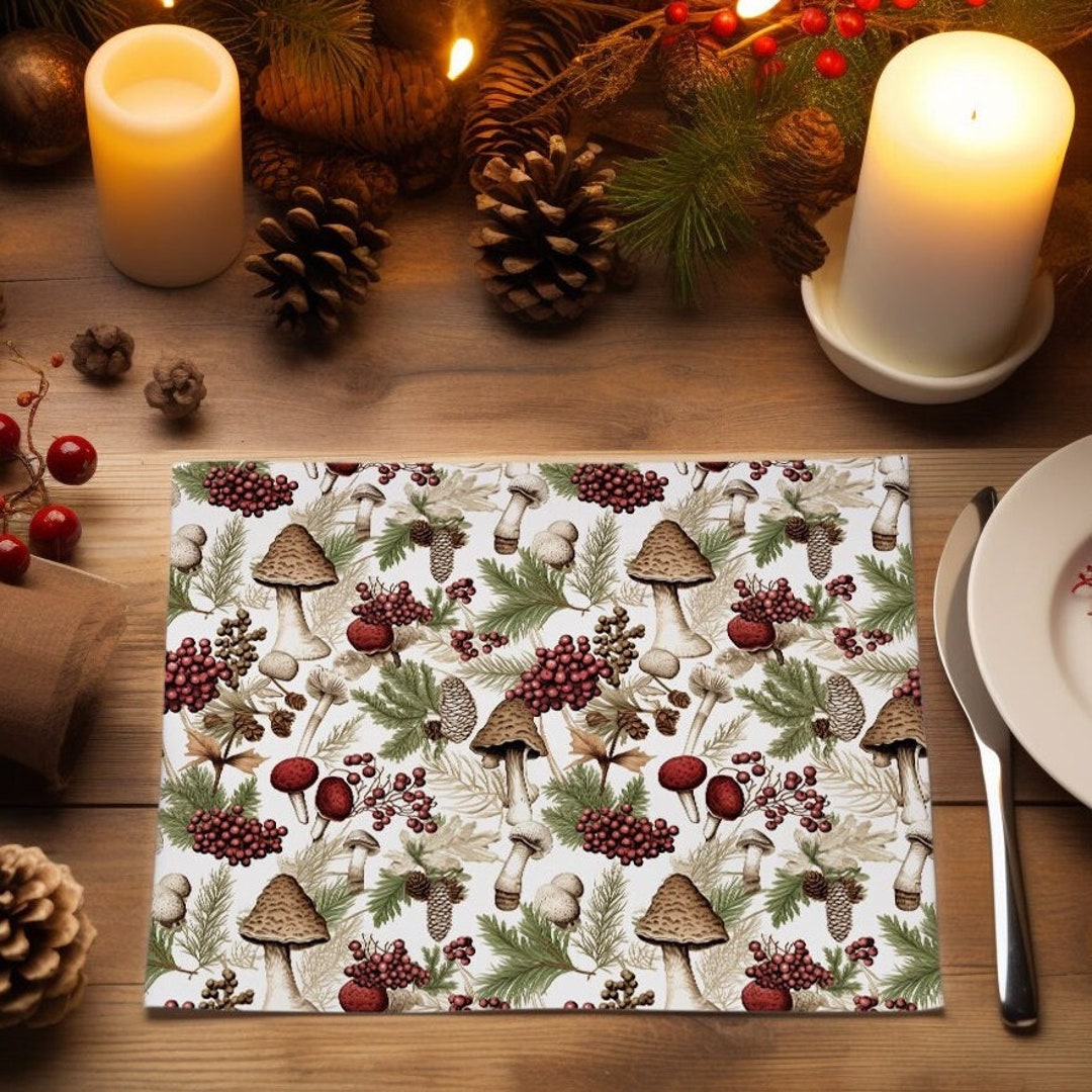 FESTIVE MUSHROOM Placemats Set of 4, Cottage Core Vintage Holiday Table