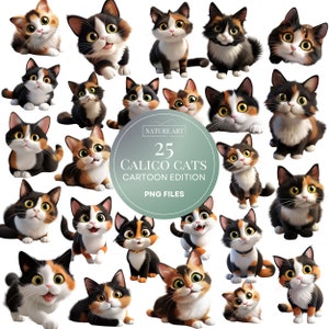 Bundle PNG de chat calicot de dessin animé mignon de 25 pièces, kitty animal mignon POD autorisé art numérique, illustration de chat, usage commercial, dessin au trait par sublimation