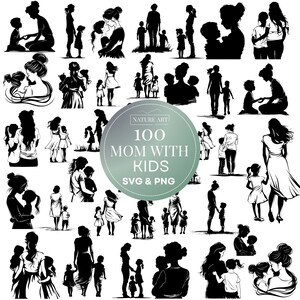 Pacote SVG e PNG de Doodle de mãe e filhos de 100 unidades, clipart de maternidade fofo mamãe e eu, imagem de berçário de design Svg de maternidade, imagem de berçário, uso comercial