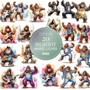 Music Lover Bigfoot PNG Bundle, 20 pc POD Allowed Sasquatch Digital Art, Yeti Illustration, Commercial Use, Sublimation Line Art