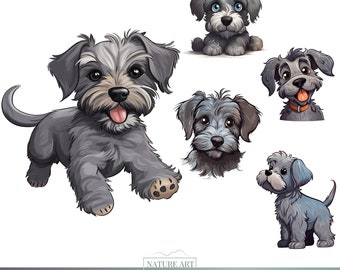 5 Stück Cartoon Grauer Schnoodle Hund PNG Bundle, süßes Tier POD erlaubt digitale Kunst, Hunderasse Illustration, kommerzielle Nutzung, Sublimation Line Art