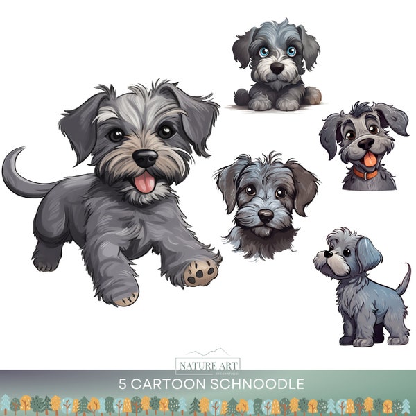 5pc Cartoon Gray Schnoodle Dog PNG Bundle, Cute Animal POD Allowed Digital Art, Dog Breed Illustration, Commercial Use, Sublimation Line Art