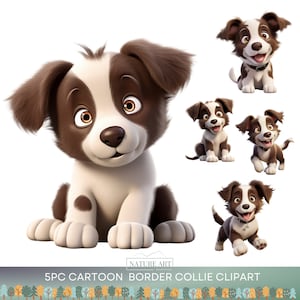 5 Stück Cartoon Schokolade Border Collie Hund Clipart PNG Bundle, süßer Hund POD erlaubt digitale Kunst, Hunderasse Illustration, Sublimation Line Art