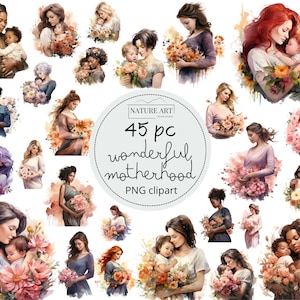 Pacote PNG de aquarela maravilhosa de maternidade de 45 unidades, clipart de mãe e bebê, gráficos tocantes do momento da gravidez, PNG de maternidade, uso comercial