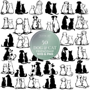 Amitié chien et chat SVG 50 pièces | PNG | Bundle de cliparts de dessin, conception d'impression de chiot et de chaton, image de maman de chien et de papa de chien, art commémoratif d'animal de compagnie
