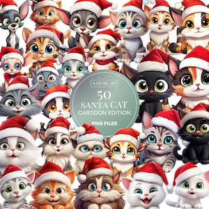 Cute Cartoon Christmas Cats 50 pc PNG Bundle, Cute Puppy cat com Papai Noel Hat POD Arte digital permitida, uso comercial, Papai Noel e Kitty Clipart