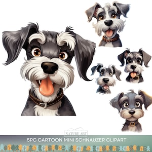 5pc Cartoon Mini Schnauzer Dog Head PNG Bundle, Cute Puppy POD Allowed Digital Art, Dog Breed Illustration, Sublimation Line Art