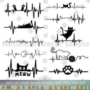 10pc Cat Heart Sound Art Svg Bundle, Kitty Heart Beat Clipart, POD autorisé Illustration d’art numérique pour un usage commercial, Cat Mom Sublimation