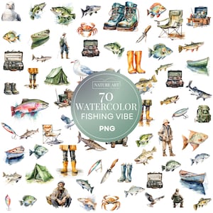Paquete PNG de vibración de pesca de acuarela de 70 piezas, imágenes prediseñadas de peces de acuarela, imágenes prediseñadas de pescador capturando peces, uso comercial, 300 DPI