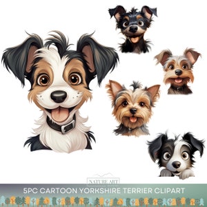 5pc Cartoon Yorkshire Terrier Head PNG Bundle, Cute Puppy POD Allowed Digital Art, Dog Breed Illustration, Commercial Use, Sublimation Anime