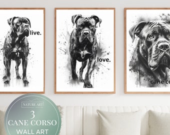 Druckbare Cane Corso Aquarell Graustufen Wandkunst Zimmer Dekor, 3er Set JPG, Sofortiger Download Digitaldruck Art Set für Zuhause, Wohnzimmer