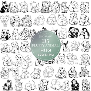 115 Stück niedliche flauschige Tier Umarmung Doodle SVG Bundle, niedliche Waldtiere, Mama & Welpe, Bauernhof SVG Design Clipart Kinderzimmer Bild, kommerzielle Nutzung