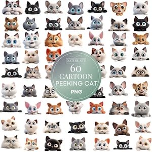 Paquete PNG de gato mirando dibujos animados lindo de 60 piezas, lindo gatito animal POD permitido arte digital, ilustración de gato, uso comercial, arte de línea de sublimación