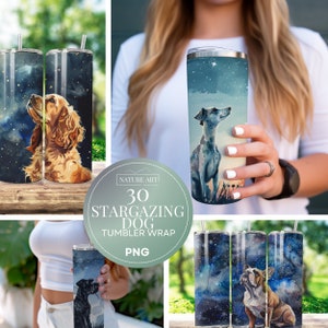 30個入り 星空観察犬用タンブラーラップ PNG バンドル、20オンス 水彩画 スキニータンブラーラップ、犬のデザイン、商業用、昇華線画