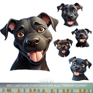 Lot de 5 têtes de dessin animé Staffordshire Bull Terrier PNG, chien mignon POD autorisé art numérique, illustration de race de chien, dessin au trait par sublimation