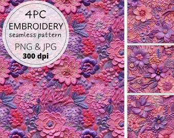 4 Stück Stickerei Blumen Muster Pack, Nahtlose gestickte digitale Papier Datei, Kachelbare Boho Wildblumen Muster, Kommerzielle Nutzung