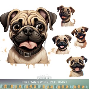 5pc Cartoon Pug Dog Head PNG Bundle, Cute Puppy POD Allowed Digital Art, Dog Breed Illustration, Commercial Use, Sublimation Anime Art
