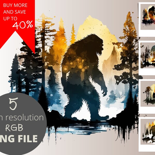 5pc Bigfoot Water Color PNG Bundle, Sasquatch Yeti Hiking Clipart, POD Allowed Digital Art Illustration for Commercial Use, Sublimation