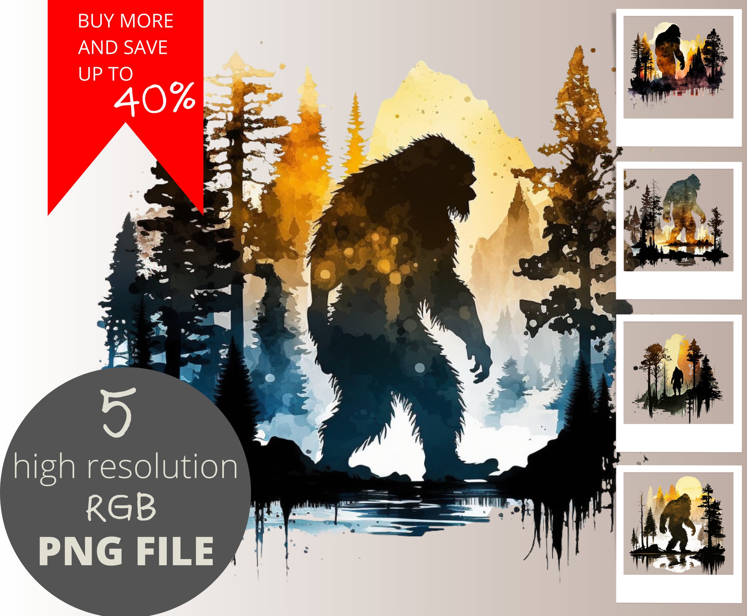5pc Bigfoot Water Color PNG Bundle, Sasquatch Yeti Hiking Clipart, POD ...