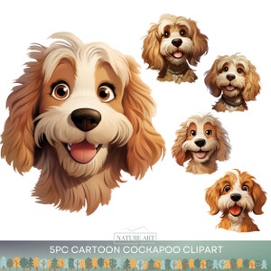 5pc Cartoon Cockapoo Dog Head PNG Bundle, Cute Puppy POD Allowed Digital Art, Dog Breed Illustration, Commercial Use, Sublimation Line Art
