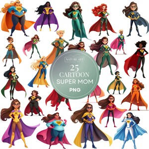 25 Stück Super Mom Cartoon Clipart, Superheld Mama, Super Mutter Illustration, Muttertag PNG Bundle, Mütter Geschenkset, kommerzielle Nutzung