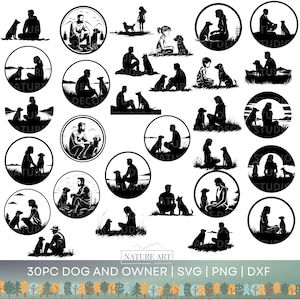 30 Stück Hund & Besitzer Silhouette SVG | PNG | DXF-Bundle, Eps-Bild von Hundemama und Hundevater, Hunde-Gedenkkunst, Hunde-Zeichnungshandwerk, Hunde-Schnittdatei