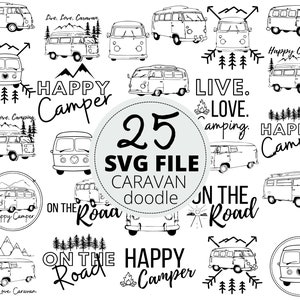 Pacote SVG de Doodle de caravana hippie desenhado à mão de 25 unidades, arquivos de corte de acampamento, imagem de design Svg de amante de glamping, uso comercial, arquivo de corte Cricut